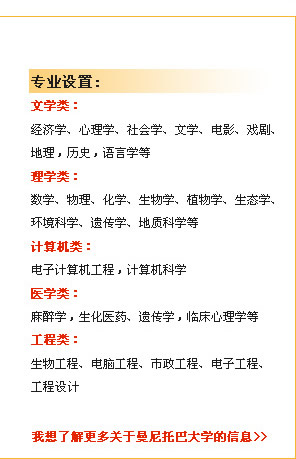 專業(yè)設置　文學類：
經(jīng)濟學、心理學、社會學、文學、電影、戲劇、地理，歷史，語言學等
理學類：
數(shù)學、物理、化學、生物學、植物學、生態(tài)學、環(huán)境科學、遺傳學、地質(zhì)科學等
計算機類：
電子計算機工程，計算機科學
醫(yī)學類：
麻醉學，生化醫(yī)藥、遺傳學，臨床心理學等
工程類：
　生物工程、電腦工程、市政工程、電子工程、工程設計