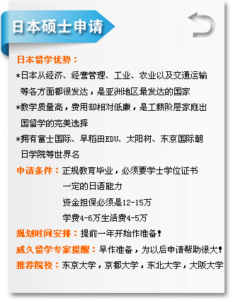 日本碩士申請  日本留學優(yōu)勢??
*日本從經濟、經營管理、工業(yè)、農業(yè)以及交通運??
 等各方面都很發(fā)達，是亞洲地區(qū)最發(fā)達的國??
*教學質量高，費用卻相對低廉，是工薪階層家庭出
 國留學的完美選擇
*擁有富士國際、早稻田EDU、太陽樹、東京國際朝
 日學院等世界??
申請條件：正規(guī)教育畢業(yè)，必須要學士學位證??
           一定的日語能力
           資金擔保必須??2-15??
           學費4-6萬生活費4-5??
規(guī)劃時間安排：提前一年開始作準備??
威久留學提醒：早作準備，為以后申請幫助很大！
推薦院校：東京大學，京都大學，東北大學，大阪大學