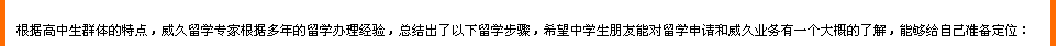 根據(jù)高中生群體的特點，威久留學根據(jù)多年的辦理經(jīng)驗，總結出了一下留學步驟，希望中學生朋友能對留學申請和威久業(yè)務有一個大概的了解，能夠給自己準備定位：